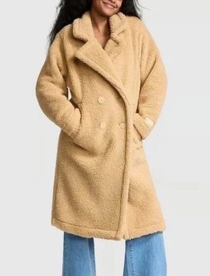 Victoria's Secret Pink L Plush Teddy Long Coat Faux Fur Camel Double Breasted - Image 1 of 4