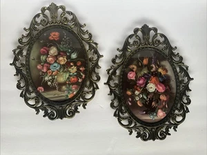 (2) Vintage Messing verziert oval konvex gerahmt Druck von Blumen Made in Italy 10x13 - Bild 1 von 15
