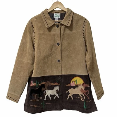 Chaqueta De Colección Quacker Factory Mujer Caballo Bordado Cuero Talla L Marrón Occidental Foto 1 de 4