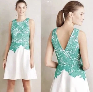 MOULINETTE SOEURS Arbor Green Lace Cream Fit and Flare Dress Sz 6 - Picture 1 of 8