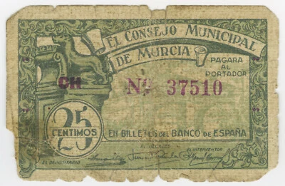 ☆ SPAIN CIVIL WAR 1937 • MURCIA 25 CENT MUNICIPAL ☆ GUERRA CIVIL ESPAÑOLA ☆C5712 - Image 1 of 2