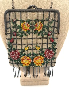 Vintage Beaded Purse Yellow & Pink Roses Plaid Glitter Toned 1930's Retro - Picture 1 of 9