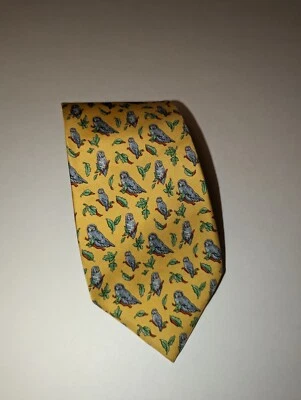 Corbata Hunting World 100 % seda para hombre amarilla con búhos hecha a mano en Italia  Foto 1 de 4