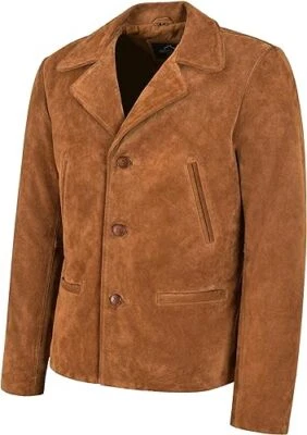 Chaqueta de camionero de cuero de gamuza para hombre con cuello camisero - Chaqueta de cuero de gamuza tostada Foto 1 de 4