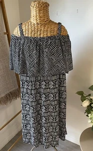 AVELLA Black Tribal Cold Shoulder Asymmetric Summer Dress Sz 20 - Bild 1 von 8