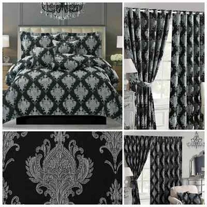 Luxus schwarz modern Tagesdecke Set Damast Jacquard Kissen Ringtop Stifte Vorhänge - Bild 1 von 5