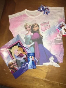 Disney Frozen Elsa Anna Sz 5 Shirt Top Nwt Art Set Hairbow Justice Stickers Lot - Picture 1 of 7