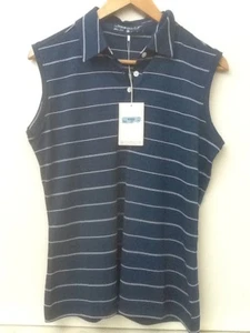NIKE GOLF WOMENS TECH STRIPE SLEEVELESS POLO SHIRT DRI FIT M BLUE WHITE 389635 - Picture 1 of 4