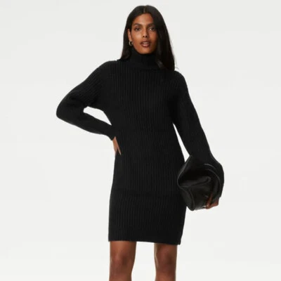 MARKS AND SPENCER SIZE 8 TO 22 EX M&S WOMENS RIBBED ROLLED NECK JUMPER DRESS IN BLACK RRP £39.50