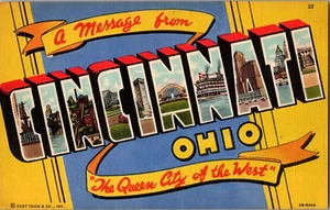 Mensaje postal de Cincinnati Ohio carta grande tarjeta lino sin publicar - Imagen 1 de 2