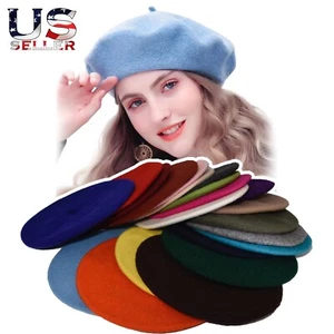 New Warm French Style Lightweight Casual Classic Beanie Solid Color Wool Beret - Picture 1 of 47