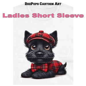 DigiPups Scottish Terrier perro rojo y negro traje a cuadros dibujos animados damas camiseta - Imagen 1 de 4