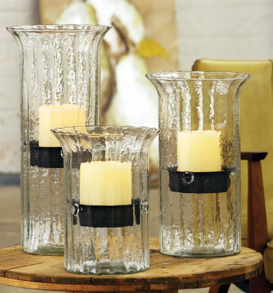 Set Of 3 Ribbed Glass Hurricane Candle Holders Candleholder Rustic Metal Inserts - Image 1 of 1