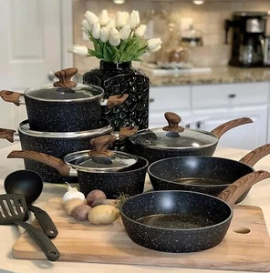Kitchen Academy Induction Cookware Sets - 12 Piece Granite Black Nonstick - Picture 1 of 6