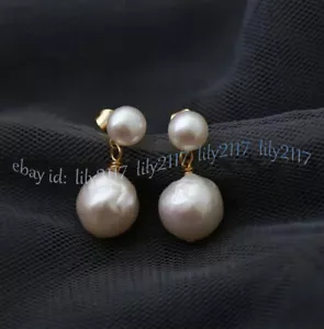 11-12mm Natural White South Sea Baroque Edison Pearl Dangle Gold Stud Earrings