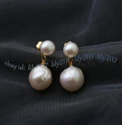 11-12mm Natural White South Sea Baroque Edison Pearl Dangle Gold Stud Earrings - Image 1 of 4