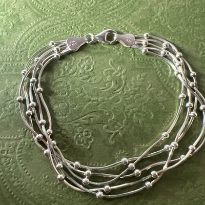 "Pulsera de cadena multihilo de plata de ley 925 con cuentas hecha en Italia 7,5""" Foto 1 de 4