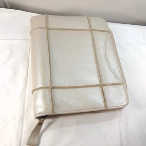 Franklin Covey 7-Ring Zipper Planner pearl cream white Leather Binder patchwork - Picture 1 of 14