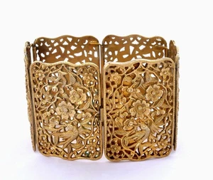 Old Chinese Gilt Silver Bracelet Bangle Bird & Flower Marked - Picture 1 of 8