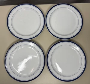 Crate & Barrel Brasserie SET of 4 White w/Blue Band & Pinstripe Salad Plate 8" - Picture 1 of 4