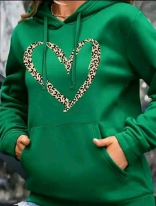 Sudadera con Capucha Para Mujer Gráfica Estampado de Leopardo Corazón Grande Verde Pequeña - Imagen 1 de 7