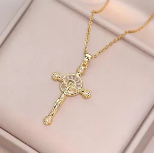 Luxus Damen Kreuz Halskette 18 K Gold Kristall Frauen Halskette Edelstahl - Bild 1 von 2