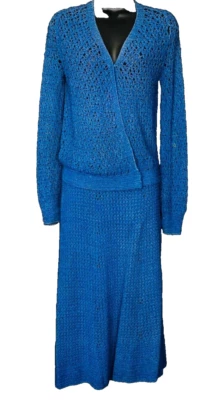 Vintage 1930s blue knit dress set, skirt long sleeve 1940s sweater outfit S M - Image 1 of 4