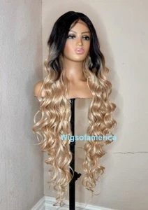 Golden Brown Wig Ombre Black Curly 32 Inches Long Lace Front Middle Part Heat Ok - Picture 1 of 7