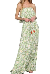 Aakaa Floral Off Shoulder Ruffle Maxi Dress Size Small Green With Slit Flowy - Picture 1 of 9