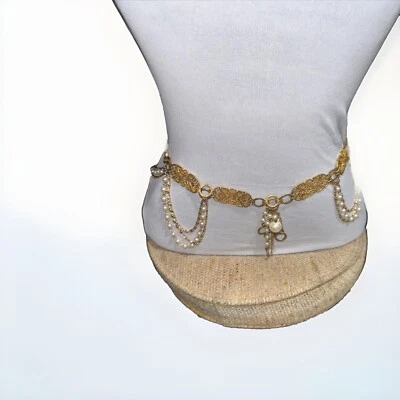 Gold Chain Swag Belt Faux Pearl Metal High End S 28-48” - Image 1 of 4