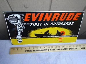 DE COLECCIÓN EVINRUDE FUERABORDA BARCO MOTORES VENTAS Y SERVICIO METAL MARINO GASOIL LETRERO! - Imagen 1 de 21