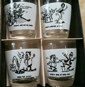 VINTAGE BAR ANCHOR HOCKING SHOT GLASSES ORIGINAL 4 NIB HUMOROUS GREAT GIFT IDEA - Picture 1 of 6