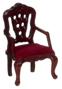 Dolls House Mahogany & Red Carved Back Arm Chair Victorian Living Room Furniture - Picture 1 of 8