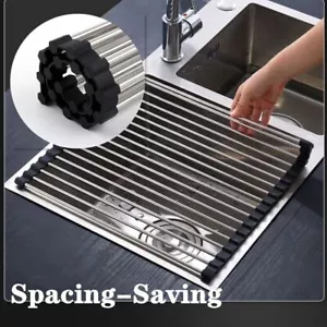 Kitchen Over Sink Drying Rack Dish Food Drainer Stainless Steel Roll Up Large - Picture 1 of 20