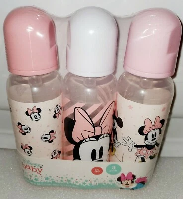3 PACK DISNEY BABY MINNIE MOUSE 9oz BOTTLE SET. PINK, LIGHT CORAL, WHITE - Image 1 of 2
