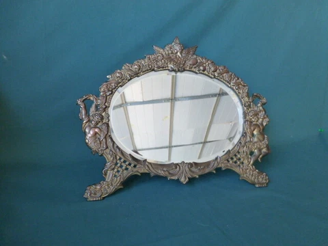 Antique Cast Iron Gilded Stand Up Dresser Mirror with Cherubs and Beveled Mirror Cover
