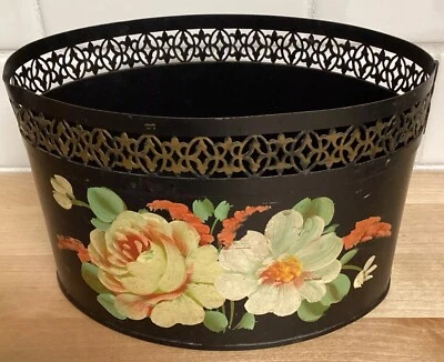 Vtg Hand Painted Floral Tole Paint Metal Letter Holder Black Desk Caddy Keeper - Image 1 of 4