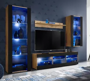 NEU komodee Tivoli Medio TV Wohnwand Wohnzimmerset, Eiche Weiß Schwarz, LED - Bild 1 von 12