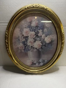 Vintage T.C. CHIU Fine Art Print Pink Roses & Violets Oval Gold Frame Floral - Picture 1 of 9