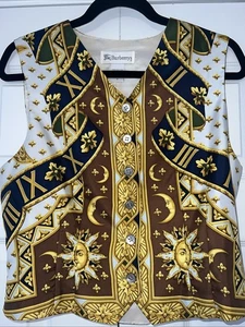 Vintage Burberry's 100% Silk Sun Roman Numerals Print Vest, Blue & Gold, Size S - Picture 1 of 12