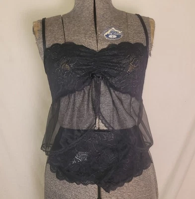 Sexy Conjunto Lencería Babydoll Vintage Años 90 Y2K Deadstock Negro Encaje Volup Grande Foto 1 de 4