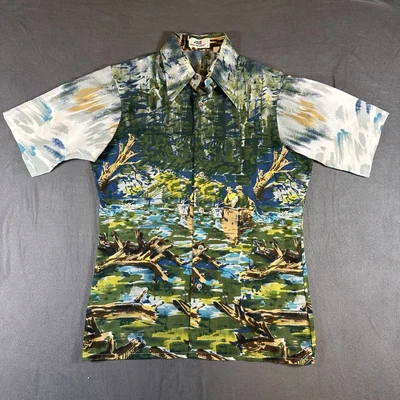 Vintage Van Heusen 417 Shirt Men’s Medium Abstract Button Up Fishing Art AOP 70s - Image 1 of 4