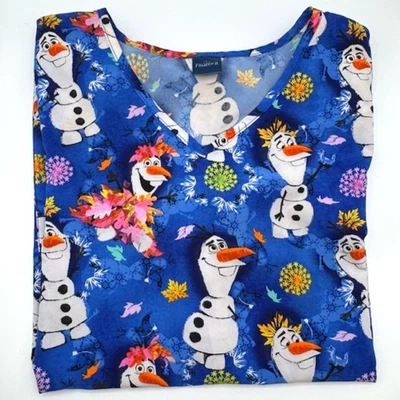 Disney Frozen Women’s 3XL SS Blue Olaf Print Scrub Top V-Neck Holiday Xmas Snow - Image 1 of 4