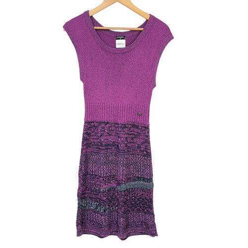 Abito CHANEL maglia senza maniche viola nero gonna uncinetto fodera seta taglia 38 made