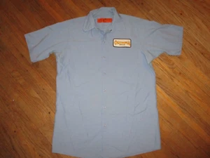 OLYMPIA BEER WORK SHIRT vtg Delivery Guy Patch Uniform Red Kap Blue MEDIUM - Picture 1 of 5