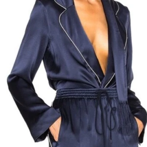 Chloe Piped Satin 100% Silk Ocean Blue Pajama Blazer Jacket Coat Size Small 36 - Picture 1 of 13