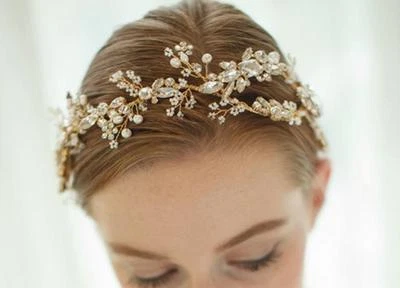 Luxury Gold Floral Vine Bridal Halo Crystal Beaded Headdress Wedding Headpieces - Image 1 of 4