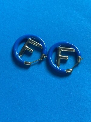 Fendi Gold F Logo Round Blue Enamel Hoop Earrings - Image 1 of 4