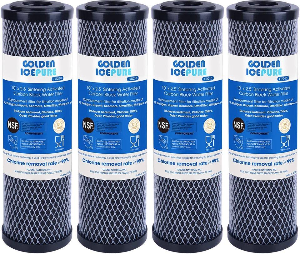 GOLDEN ICEPURE 1 Micron 2.5" x 10" Whole House CTO Carbon Sediment Water Filter, 4PACK