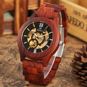 Men's Wooden Watch Red Sandalwood Automatic Mechanical Wris Watches Bamboo Band - Picture 1 of 10